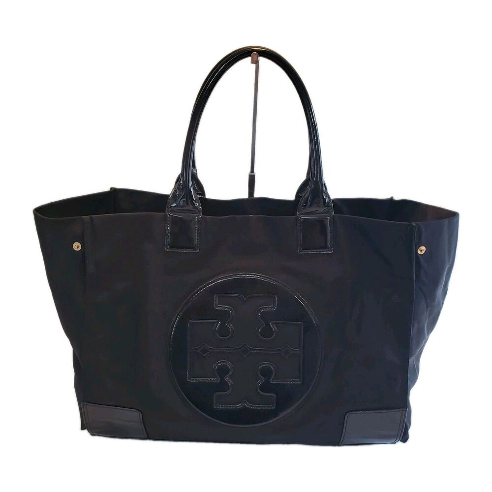 Tory Burch Black Nylon and Patent Leather Large Double Handle Ella Tote Bag